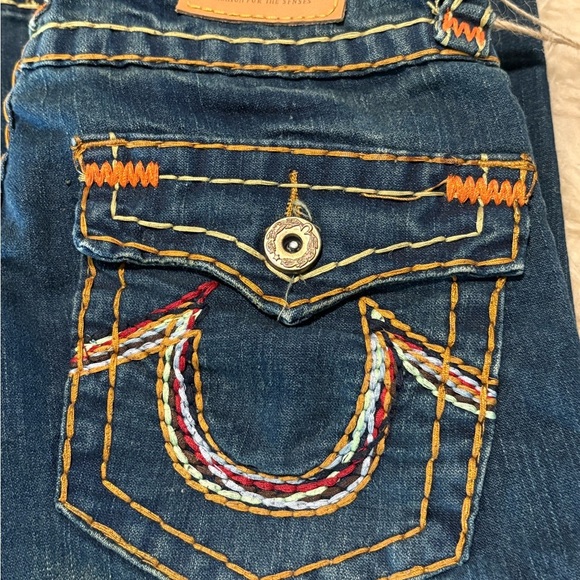 NWT True Religion Flare Indigo Jeans with Bold Orange Embroidered Stitching - Picture 4 of 7